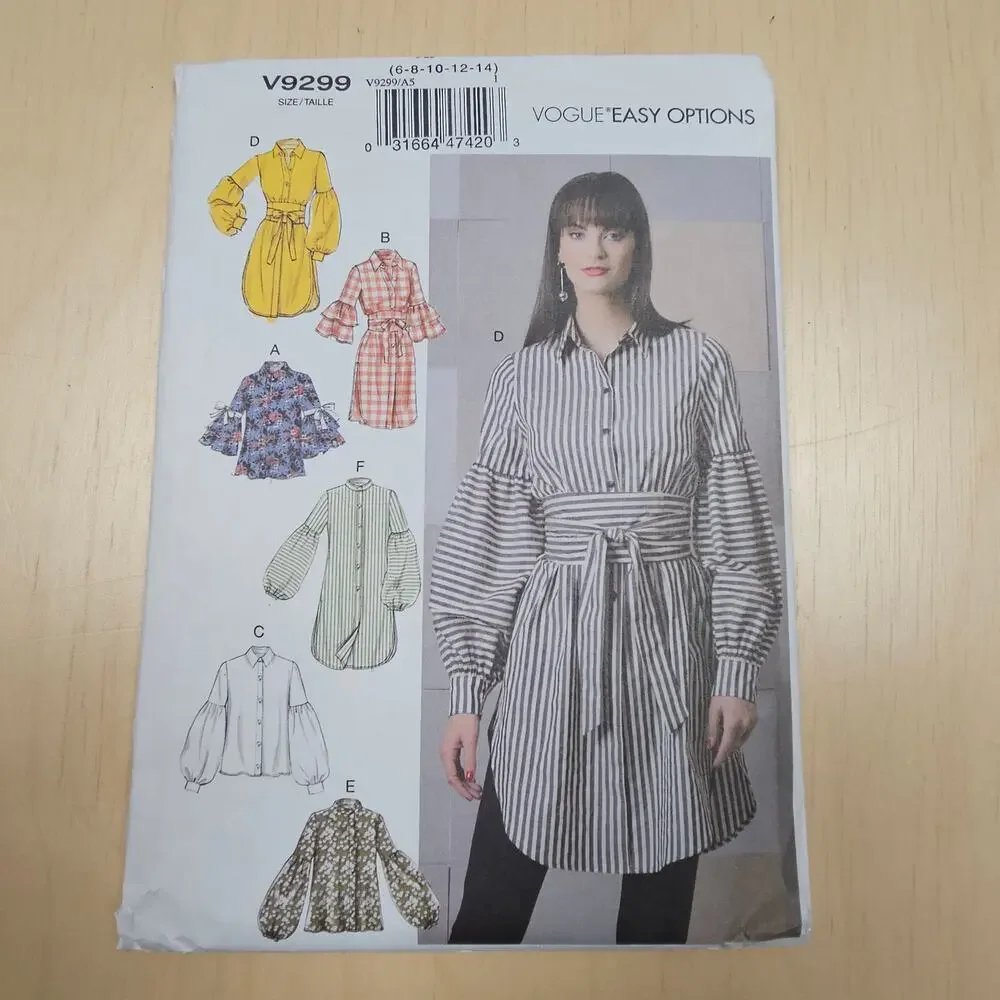 Vogue Easy Options V8299 Size 6-14 Full Longsleeve blouse Uncut Factory Folded